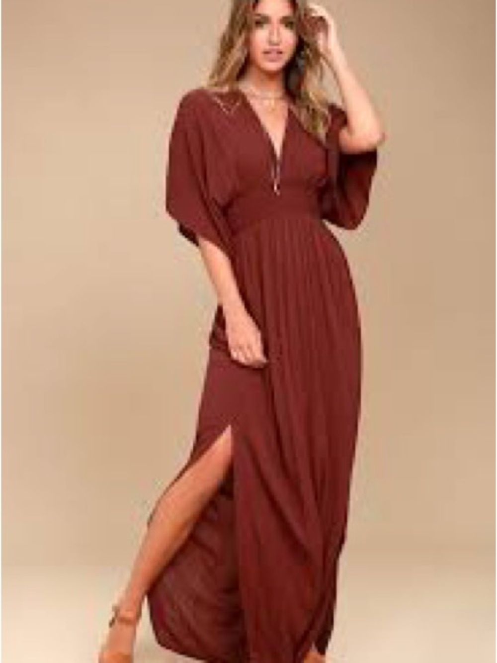 Womens V-Neck Love Stitch Maxi Dress in Rust